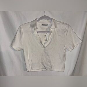 Zara Women's White Rib Knit Short Sleeve Collar V-neck Crop Sweater Top Size L